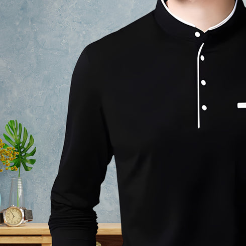 Men Black Henley Full Sleeve T-Shirt